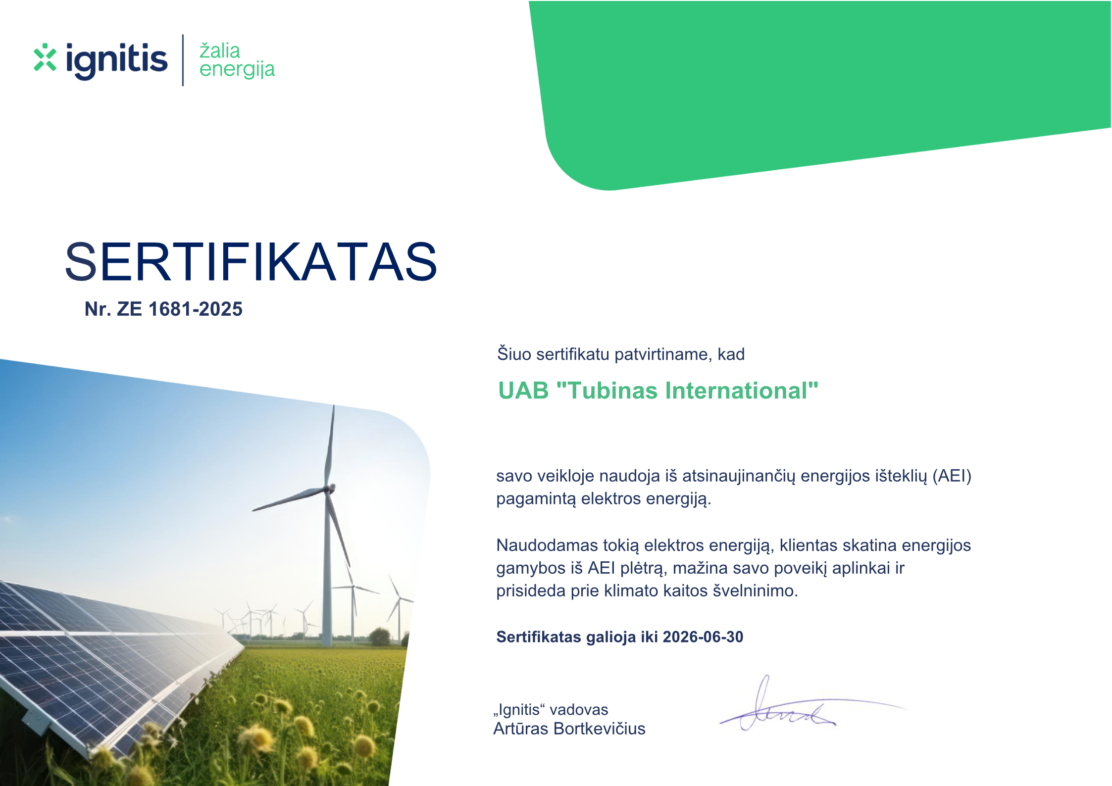 Tubinas sertifikatas ŽALIA ENERGIJA